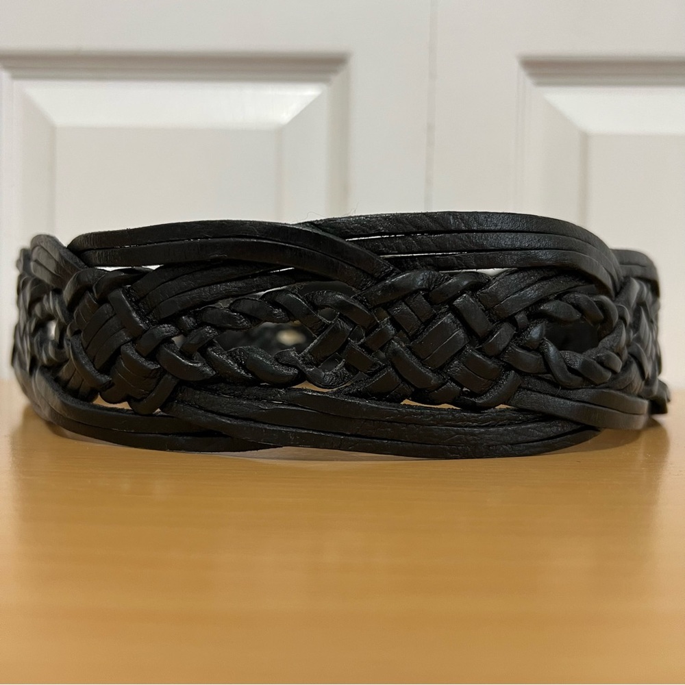 Chico’s Wide Braided Black Leather Belt w/ Large Silver & Brass Metal Buckle S/M - Picture 4 of 15